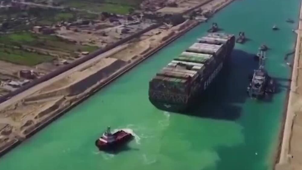 Drone footage captures efforts to free Ever Given in Suez Canal