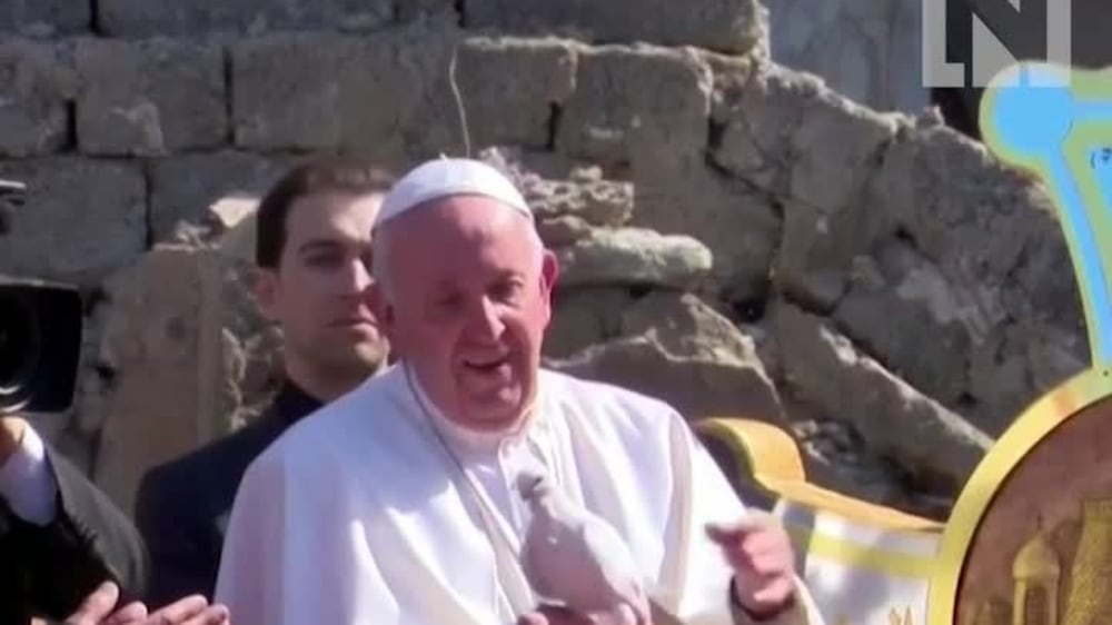 Pope Francis releases a white dove after praying for ISIS victims in Mosul 