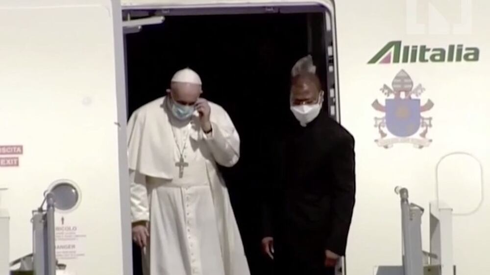 The moment Pope Francis lands in Iraq