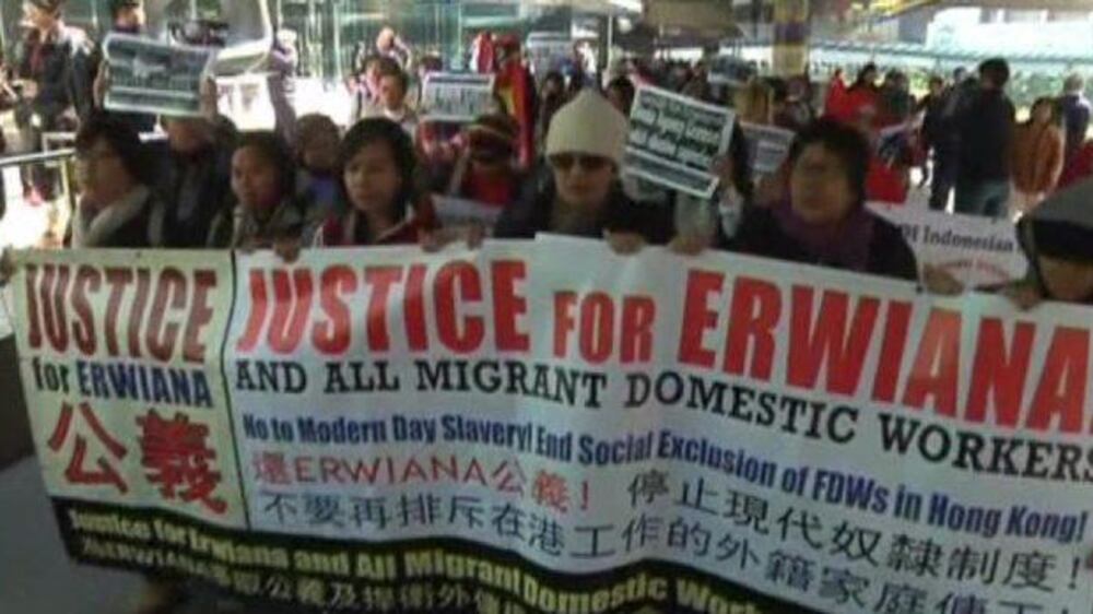 Video: Protesters rally for foreign domestic workers' rights in Hong Kong