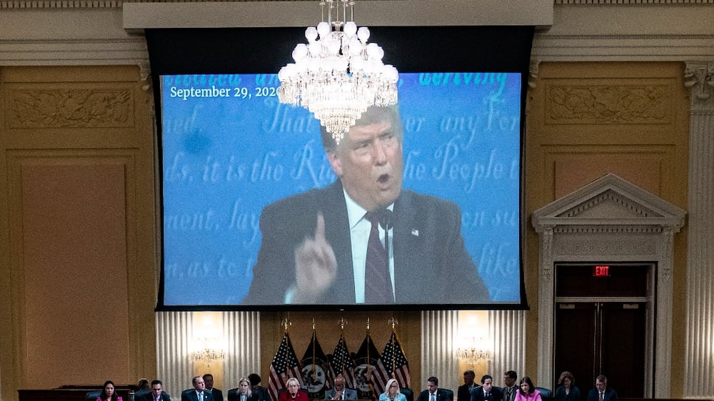 A video of former President Donald Trump speaking is shown on a screen, as the House select committee tasked with investigating the January 6 attack on the Capitol, holds a hearing on Capitol Hill, in Washington, DC, USA, 13 June 2022.  This is the second of at least five public hearings on the January 6 attack on the Capitol.   EPA / JABIN BOTSFORD  /  POOL