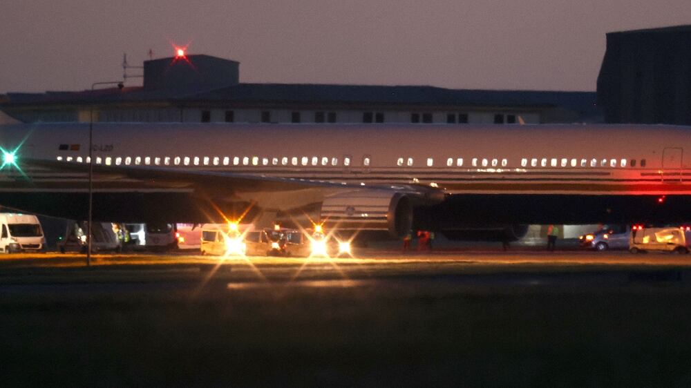 AMESBURY, WILTSHIRE - JUNE 14: The grounded Rwanda deportation flight EC-LZO Boeing 767 at Boscombe Down Air Base, on June 14, 2022 in Boscombe Down. The flight taking asylum seekers from the UK to Rwanda has been grounded at the last minute after intervention of the European Court of Human Rights. (Photo by Dan Kitwood / Getty Images)