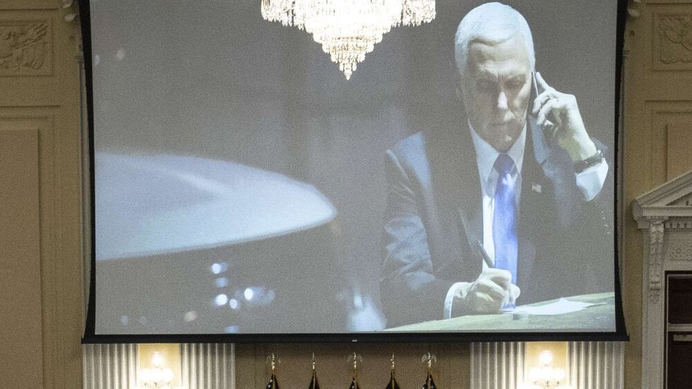 WASHINGTON, DC - JUNE 16: An image of former Vice President Mike Pence on the night of January 6, 2021 is displayed during the third hearing of the House Select Committee to Investigate the January 6th Attack on the U. S.  Capitol in the Cannon House Office Building on June 16, 2022 in Washington, DC.  The bipartisan committee, which has been gathering evidence for almost a year related to the January 6 attack at the U. S.  Capitol, is presenting its findings in a series of televised hearings.  On January 6, 2021, supporters of former President Donald Trump attacked the U. S.  Capitol Building during an attempt to disrupt a congressional vote to confirm the electoral college win for President Joe Biden   Drew Angerer / Getty Images / AFP
