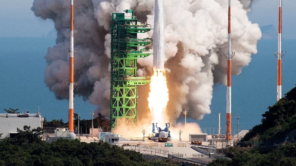 GOHEUNG-GUN, SOUTH KOREA - JUNE 21: In this handout image provided by Korea Aerospace Research Institute, a space rocket Nuri (KSLV-Ⅱ) taking off from its launch pad at the Naro Space Center on June 21, 2022 in UGoheung-gun, South Korea. South Korea on Tuesday successfully launched its homegrown space rocket Nuri (KSLV-Ⅱ) in the second attempt to put satellites into orbit, reaching a major milestone in the country's space program. (Photo by Korea Aerospace Research Institute via Getty Images)