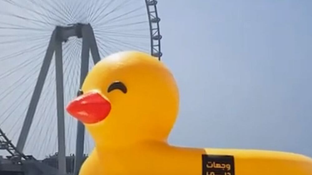Inflatable toys float around Dubai landmarks