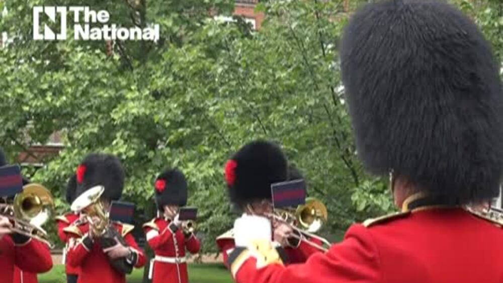 The Band of the Coldstream Guards play a rendition of Skinner and Baddiel's ‘Three Lions’ in the grounds of Clarence House in support of England and their Euro 2020 campaign.