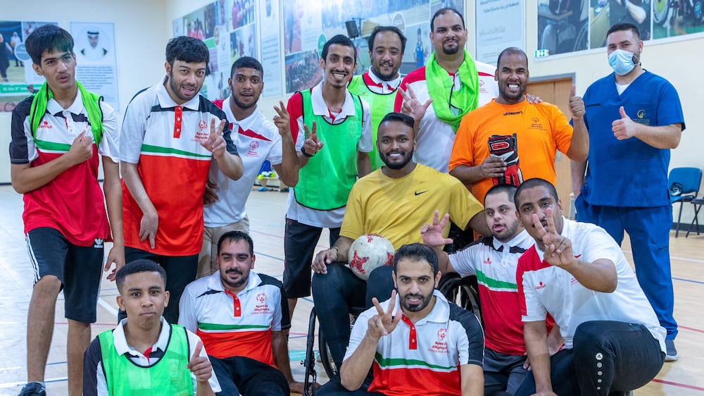 Ahmed Al Akberi, while training the deaf football team at Zayed Higher Organisation. He is first disabled athlete to receive an AFC accreditation to become a sports coach.