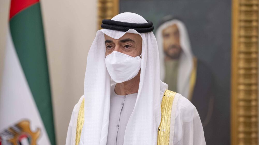 ABU DHABI, UNITED ARAB EMIRATES - July 09, 2022: HH Sheikh Mohamed bin Zayed Al Nahyan, President of the United Arab Emirates (C), attends an Eid Al Adha reception, at Mushrif Palace. 

( Hamad Al Kaabi  /  Ministry of Presidential Affairs )​
---