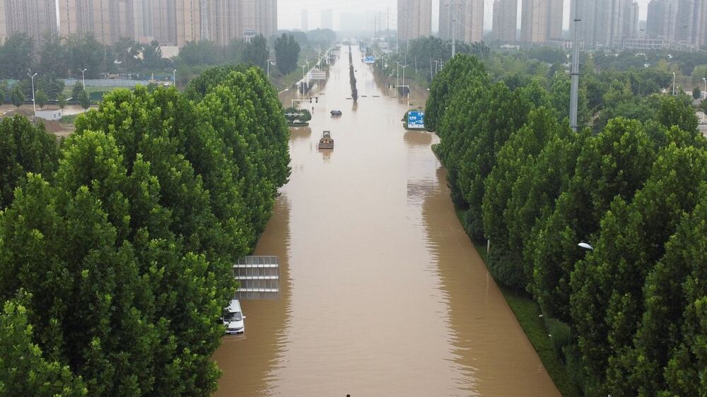 Drone footage shows cars damaged by flooding in China
