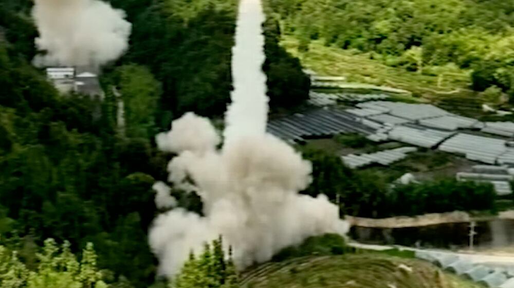 In this image taken from video footage run by China's CCTV, a projectile is launched from an unspecified location in China, Thursday, Aug.  4, 2022.  China says it conducted "precision missile strikes" in the Taiwan Strait on Thursday as part of military exercises that have raised tensions in the region to their highest level in decades.  (CCTV via AP)