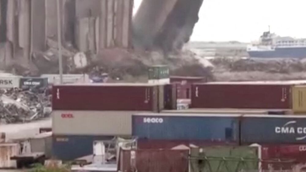 This is the moment a Beirut port silo collapses on second anniversary of blast