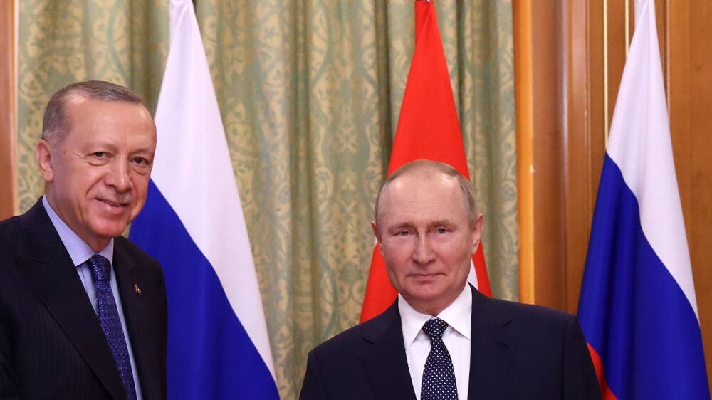 Russian President Vladimir Putin (R) shakes hand with Turkey's President Recep Tayyip Erdogan during a meeting in Sochi, Russia, 05 August 2022.   EPA / VYACHESLAV PROKOFYEV  /  SPUTNIK  /  KREMLIN POOL MANDATORY CREDIT