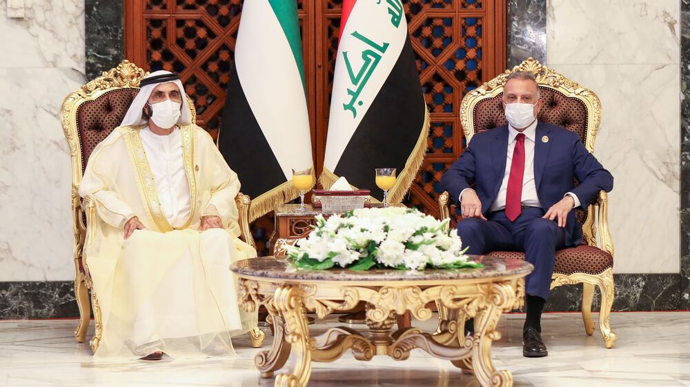 Sheikh Mohammed bin Rashid Al-Maktoum met Prime Minister Kadhimi of Iraq, at the summit in Baghdad. WAM