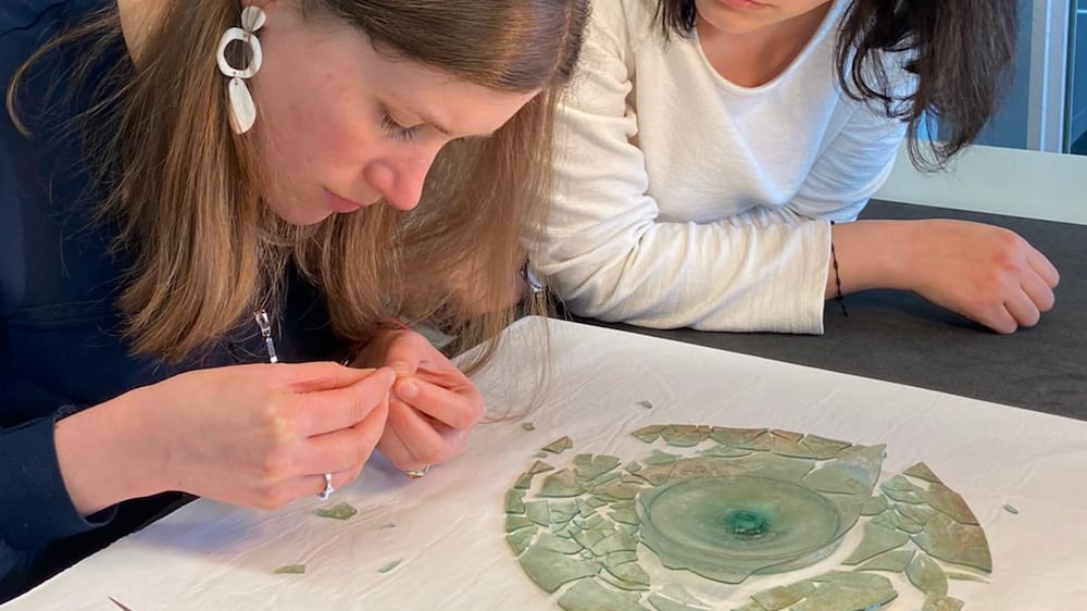 Aimée Bou Rizk, Museum Assistant, Archaeological Museum at the American University of Beirut, and project Conservator Claire Cuyaubere, work on the Roman bowl, AD 200–400. Photo: © The Trustees of the British Museum the American University of Beirut, Lebanon