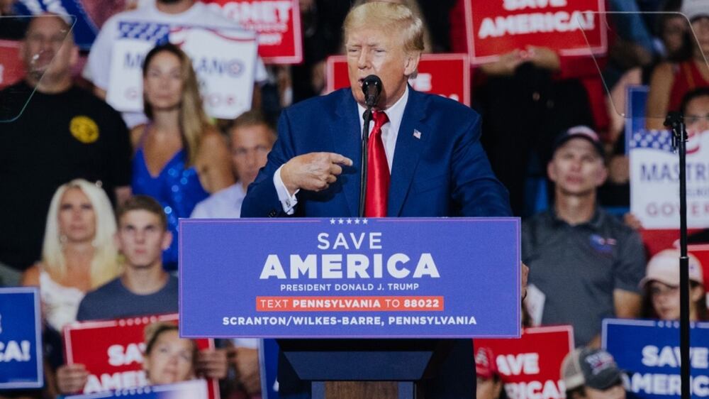 Former US President Donald Trump speaks during a rally in Wilkes-Barre, Pennsylvania, US, on Saturday, Sept.  3, 2022.  Trump used a Pennsylvania rally to vent his anger at an FBI search of his Florida home and President Joe Biden’s attack on political extremism, staking his claim as his successor’s election rival in 2024. Photographer: Michelle Gustafson / Bloomberg