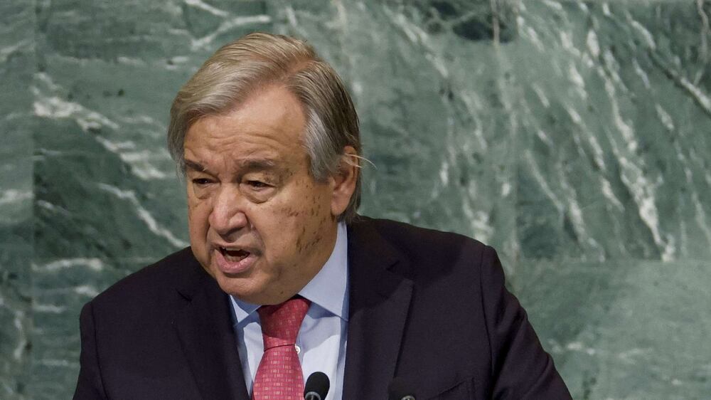 NEW YORK, NEW YORK - SEPTEMBER 20: United Nations Secretary General Antonio Guterres speaks during the 77th session of the United Nations General Assembly (UNGA) at the U. N.  headquarters on September 20, 2022 in New York City.  After two years of holding the session virtually or in a hybrid format, 157 heads of state and representatives of government are expected to attend the General Assembly in person.    Anna Moneymaker / Getty Images / AFP