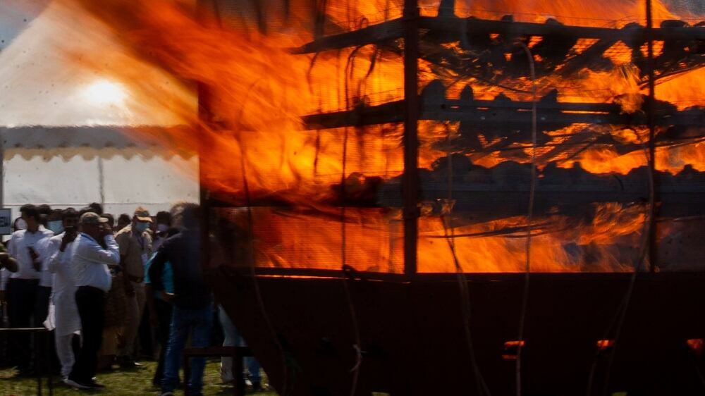 Flames rise from rhino horns, kept in government custody for decades, that were burnt at an event to mark World Rhino Day in Bokakhat near Kaziranga National Park, in the northeastern Indian state of Assam, Wednesday, Sept.  22, 2021.  The horns, about 2,500 of them, were from rhinos that died of natural causes at Kaziranga and other smaller habitats across Assam state and those confiscated from poachers.  Kaziranga is the world���s largest habitat for the rare one-horned animal.  (AP Photo / Anupam Nath)