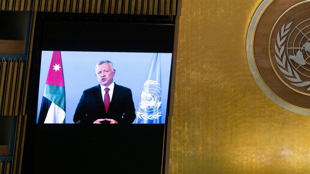 King of Jordan Abdullah II bin Al-Hussein addresses, via prerecorded statement, the General Debate of the 76th Session of the United Nations General Assembly in New York, USA, 22 September 2021.   EPA / JUSTIN LANE