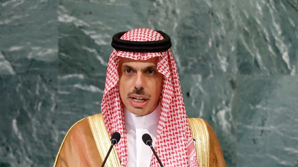 Foreign Minister of Saudi Arabia Prince Faisal bin Farhan Al Saud addresses the 77th session of the United Nations General Assembly, at U. N.  headquarters, Saturday, Sept.  24, 2022.  (AP Photo / Jason DeCrow)