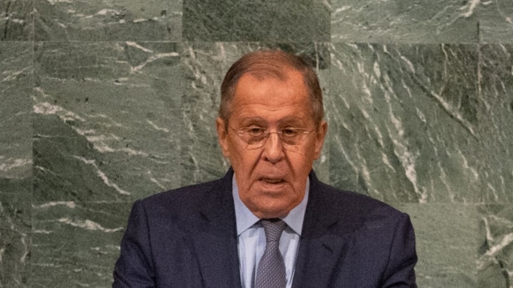 Sergei Lavrov, Russia's foreign minister, speaks during the United Nations General Assembly (UNGA) in New York, US, on Saturday, Sept.  24, 2022.  Speaking at the United Nations General Assembly on Friday, Pakistan Prime Minister Shehbaz Sharif offered an emotional account of living on the front lines of the climate crisis after severe floods ravaged the country. Photographer: Jeenah Moon / Bloomberg