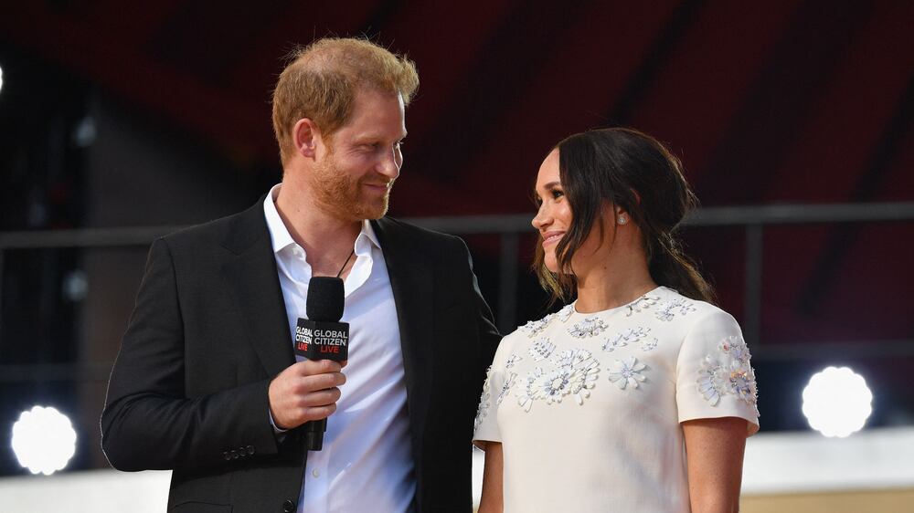 Britain's Prince Harry and Meghan Markle speak during the 2021 Global Citizen Live festival at the Great Lawn, Central Park on September 25, 2021 in New York City.  (Photo by Angela Weiss  /  AFP)