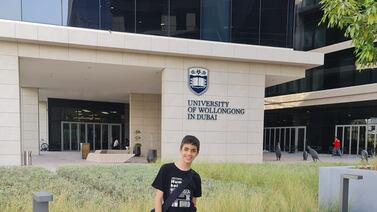 A 12-year-old Dubai attends his first day at university