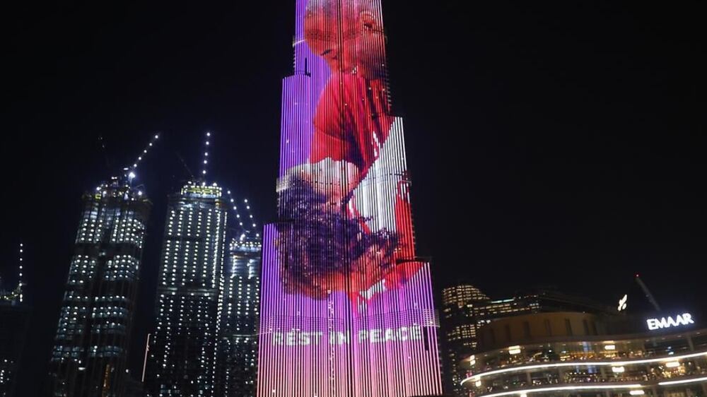 DUBAI, UAE - 2 FEBRUARY 2020: A tribute to NBA star Kobe Bryant is seen on the Burj Khalifa on February 2, 2020 in Dubai, UAE. Last month, the world tragically lost an icon. Kobe Bryant, his daughter Gianna, and seven others were on their way to the Mamba Sports Academy when the helicopter transporting them crashed. To pay tribute, Ahmed Bin Sulayem, has arranged for an image of Kobe Bryant and his daughter, Gianna, to appear on the tallest building in the world, Burj Khalifa. The prominent Emirati businessman hosted the NBA legend in Dubai in September 2013 during his first visit to the United Arab Emirates (UAE). Commenting on the incident, Bin Sulayem said "My deepest condolences to Vanessa Bryant, and the family of Kobe Bryant. Number 24 will forever be with us. Here is to my greatest of all time." (Photo by Francois Nel/Getty Images for Ahmed Bin Sulayem)