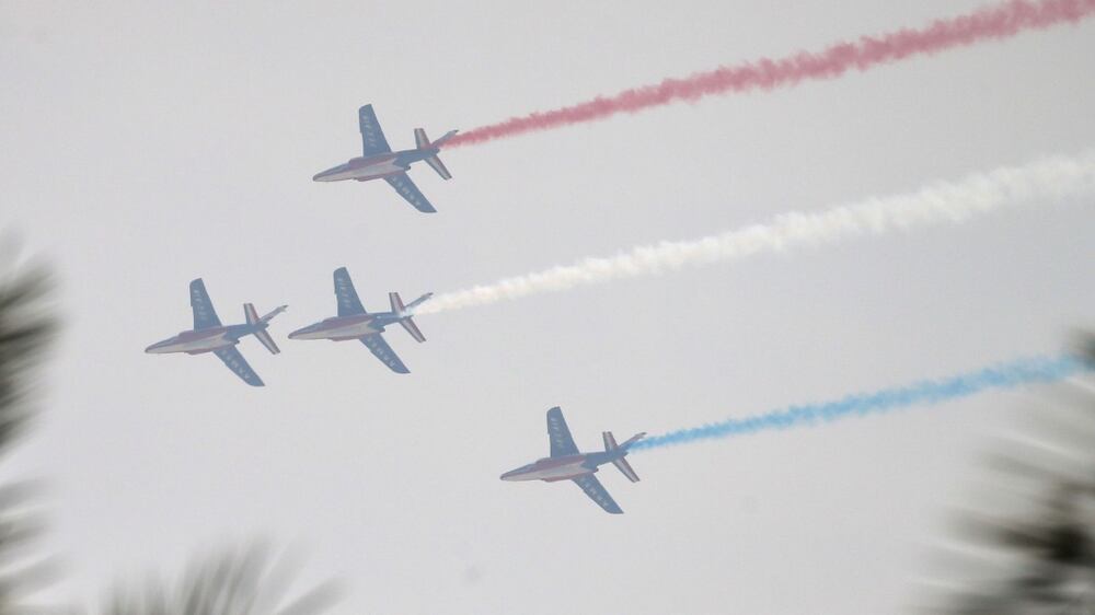 The 'Patrouille de France' aerobatics team performs over the EXPO site during the second day of the EXPO 2020 Dubai in Gulf emirate of Dubai, United Arab Emirates, 02 October 2021.  About of 192 countries are taking part by their pavilions in the EXPO 2020 Dubai which is the first international Expo to be held in the Middle East, Africa and South Asia (MEASA) region running between 01 October 2021 and 31 March 2022.   EPA / ALI HAIDER