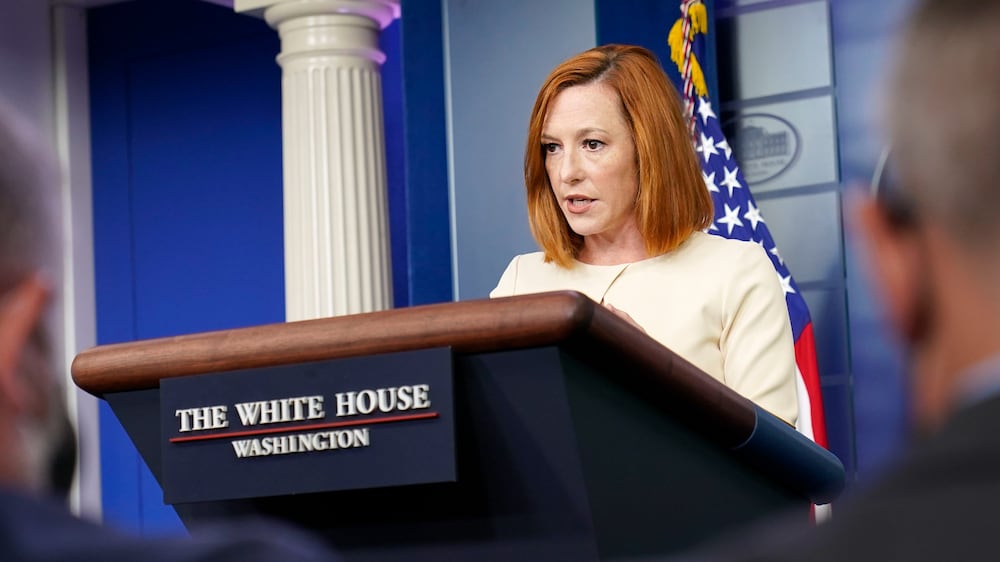 White House press secretary Jen Psaki speaks during the daily briefing at the White House in Washington, Monday, Oct.  4, 2021.  (AP Photo / Susan Walsh)