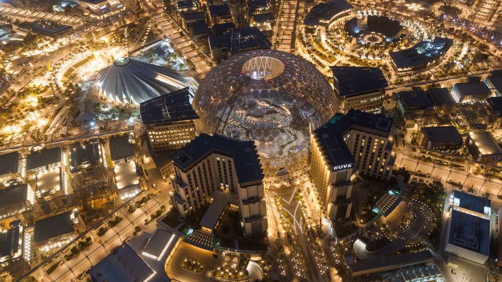 DUBAI, 15 August 2021. Aerial night view of Al Wasl, Expo 2020 Dubai. (Photo by Dany Eid/Expo 2020 Dubai)