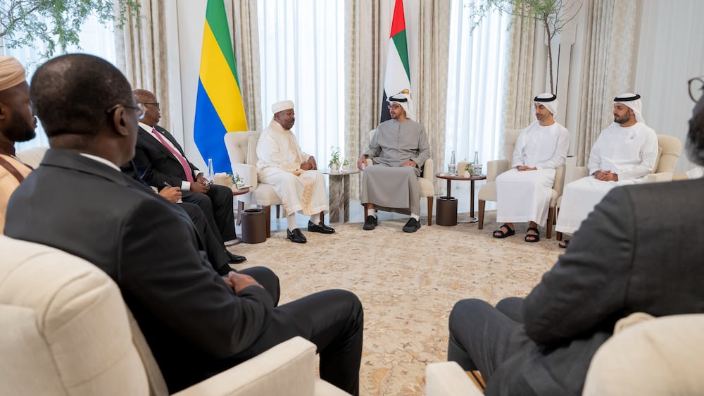 ABU DHABI, UNITED ARAB EMIRATES - October 25, 2022: HH Sheikh Mohamed bin Zayed Al Nahyan, President of the United Arab Emirates (3rd R), meets with HE Ali Bongo Ondimba, President of Gabon (4th R), at Al Shati Palace. Seen with HE Sheikh Mohamed bin Hamad bin Tahnoon Al Nahyan, Private Affairs Advisor to the Presidential Court (R) and HH Sheikh Hamdan bin Mohamed bin Zayed Al Nahyan (2nd R).

( Mohamed Al Hammadi / UAE Presidential Court )
---
