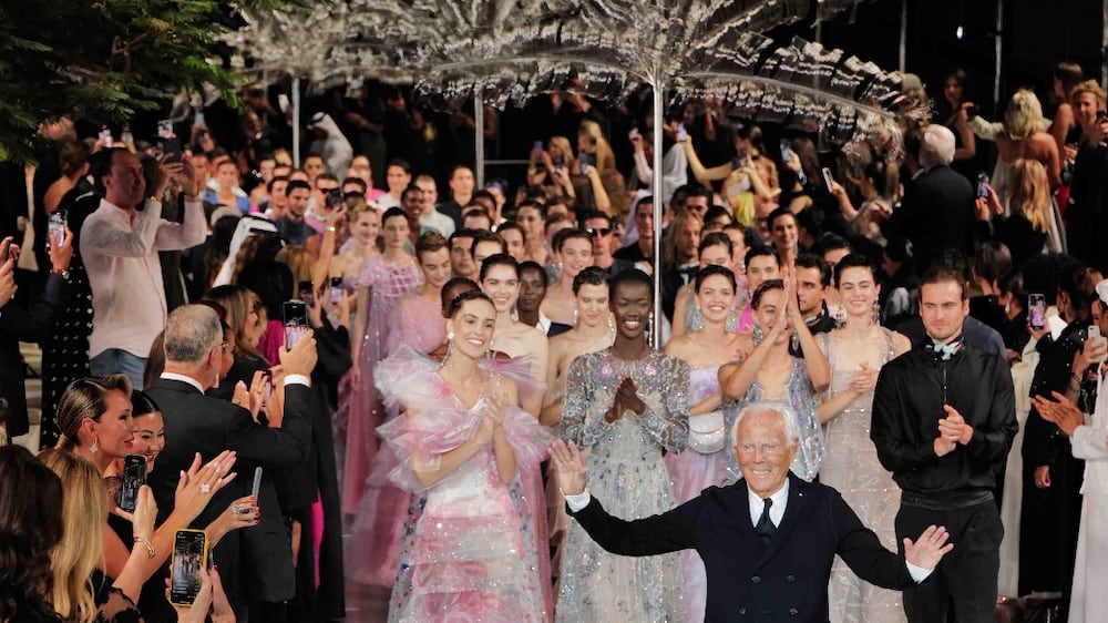 Giorgio Armani on the runway for the finale of his One Night Only show in Dubai. Photos: Armani