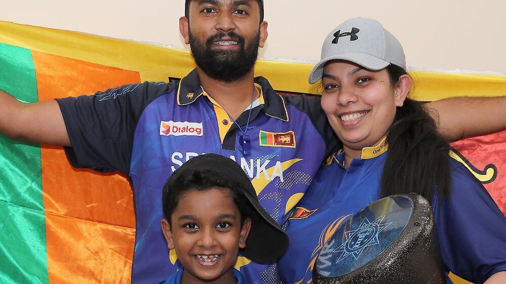 Dimantha Mark with his wife Natasha Perera and son Devin Mark from Sri Lanka and supporters of Sri Lankan cricket team with the musical instruments at their home in Sharjah on 27th October, 2021. Pawan Singh/The National. Story by Ramola