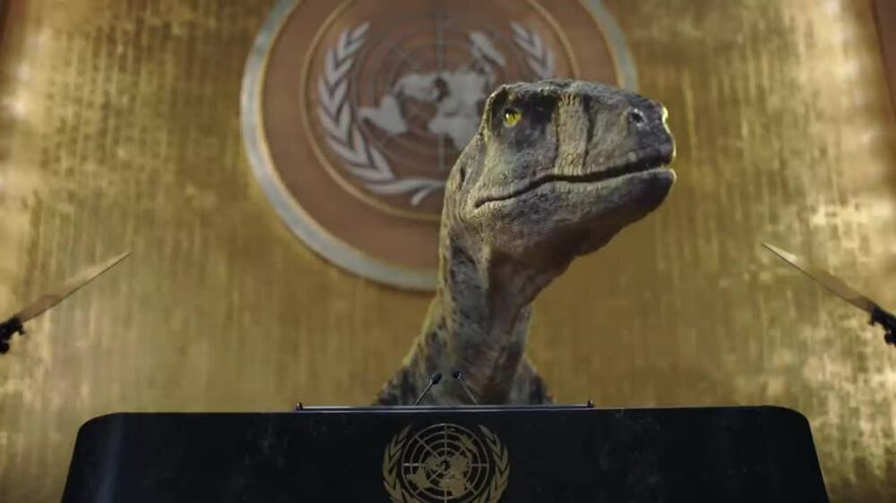 UN ad featuring a dinosaur at the UN urging people to 'save your species'.