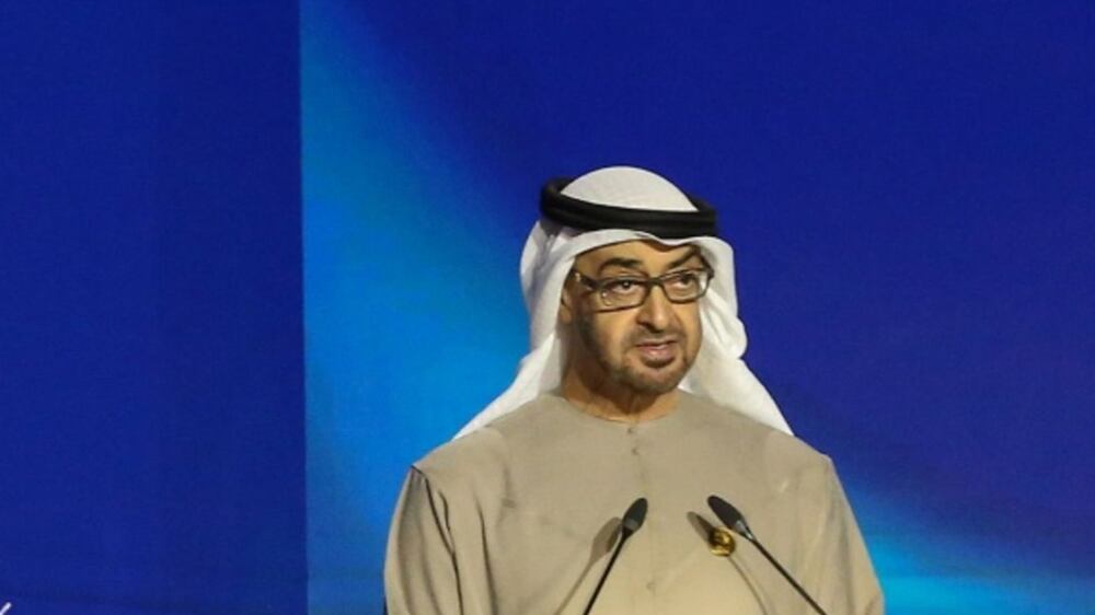 Sheikh Mohammed bin Zayed Al Nahyan, Abu Dhabi's crown prince, speaks during a plenary session at the COP27 climate conference at the Sharm El Sheikh International Convention Centre in Sharm El-Sheikh, Egypt, on Monday, Nov.  7, 2022.  More than 100 world leaders started arriving in the Egyptian resort of Sharm el-Sheikh for the UN’s annual climate change summit, attempting to maintain momentum in the battle to curb planet-warming emissions. Photographer: Islam Safwat / Bloomberg