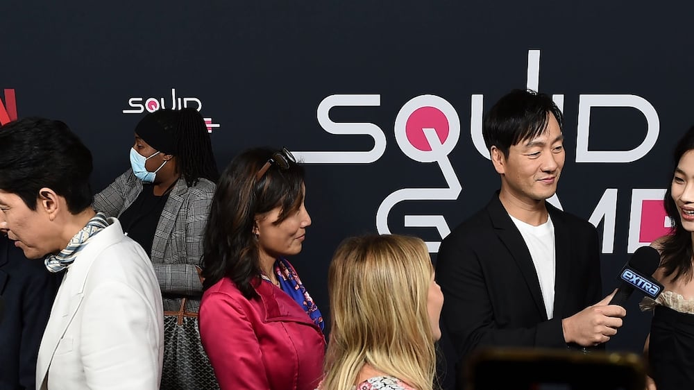 Lee Jung-jae, Jung Hoyeon, Hwang Dong-hyuk and Park Hae Soo arrive at a red carpet event for "Squid Game" on Monday, Nov.  8, 2021, at NeueHouse Hollywood in Los Angeles.  (Photo by Jordan Strauss / Invision / AP)