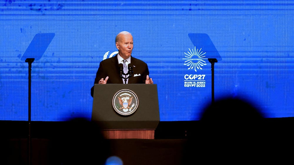 U. S.  President Joe Biden delivers a speech at COP27 climate summit, in Sharm el-Sheikh, Egypt, November 11, 2022.  REUTERS / Mohamed Abd El Ghany  REFILE - QUALITY REPEAT