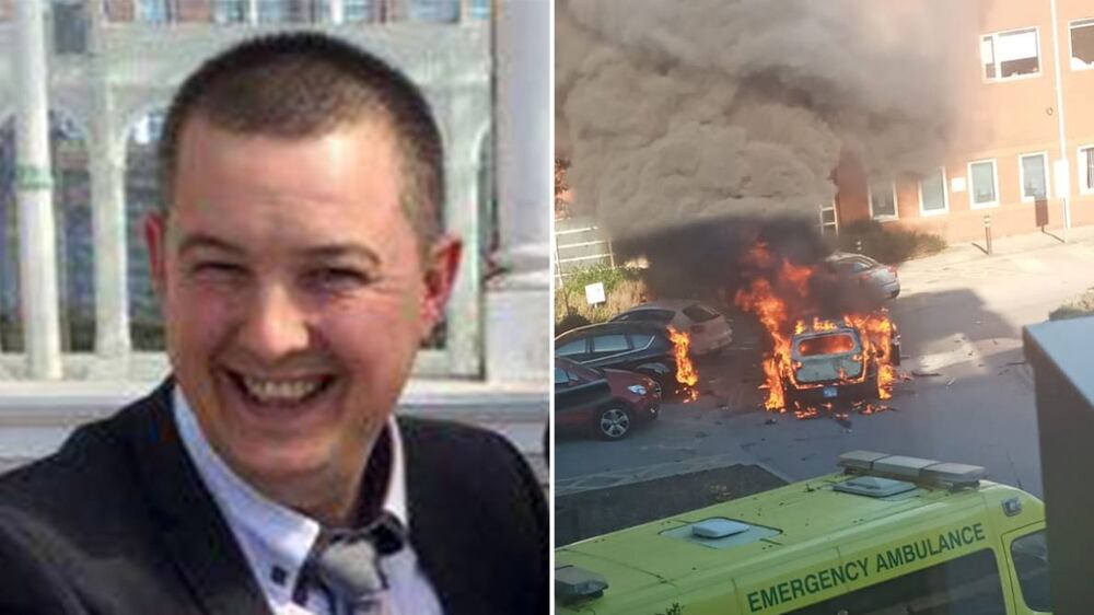 Left: David Perry, right: A car burns outside Liverpool Women's hospital. Shutterstock/Reuters