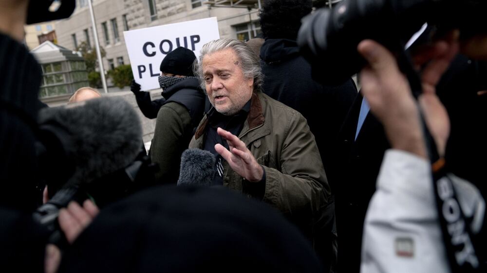 Steve Bannon, former adviser to Donald Trump, speaks to members of the media while arriving to a Federal Bureau of Investigation (FBI) field office in Washington, D. C. , U. S. , on Monday, Nov.  15, 2021.  Bannon last week was indicted for defying subpoenas by the special congressional committee investigating the deadly Jan.  6 assault on the U. S.  Capitol, a major move by the Justice Department to compel cooperation by the former president's associates. Photographer: Stefani Reynolds / Bloomberg