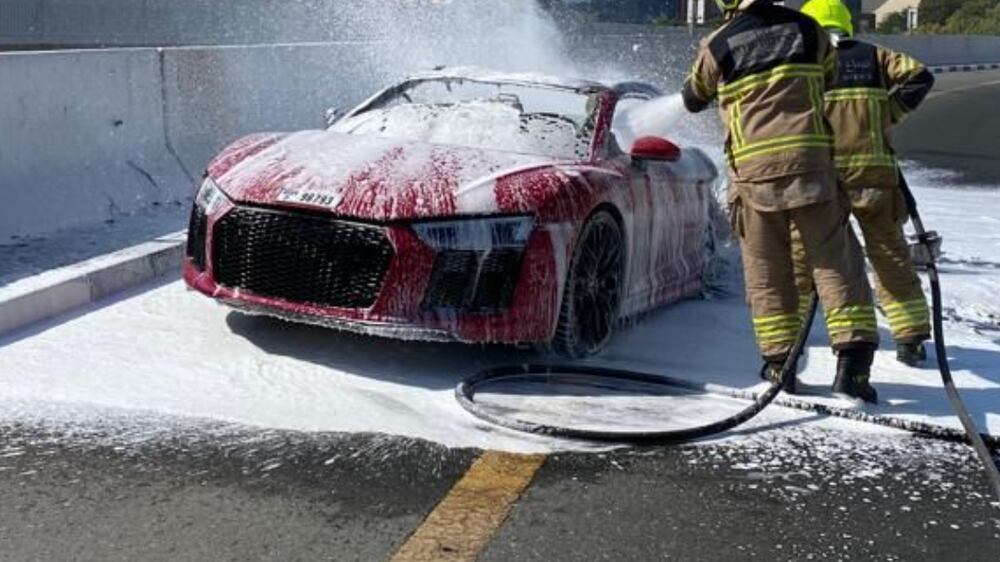 A sports car burst into flames on Sheikh Zayed Road in Dubai