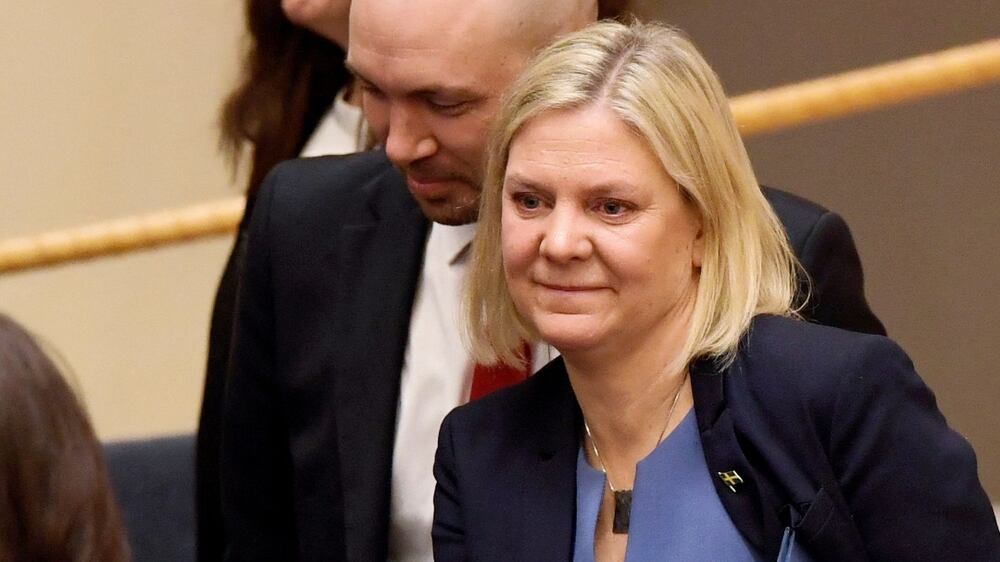 Current Finance Minister and Scocial Democratic Party leader Magdalena Andersson reacts while she is voted as Sweden's first female prime minister at the Swedish parliament in Stockholm on November 24, 2021.  (Photo by Erik SIMANDER  /  TT NEWS AGENCY  /  AFP)  /  Sweden OUT