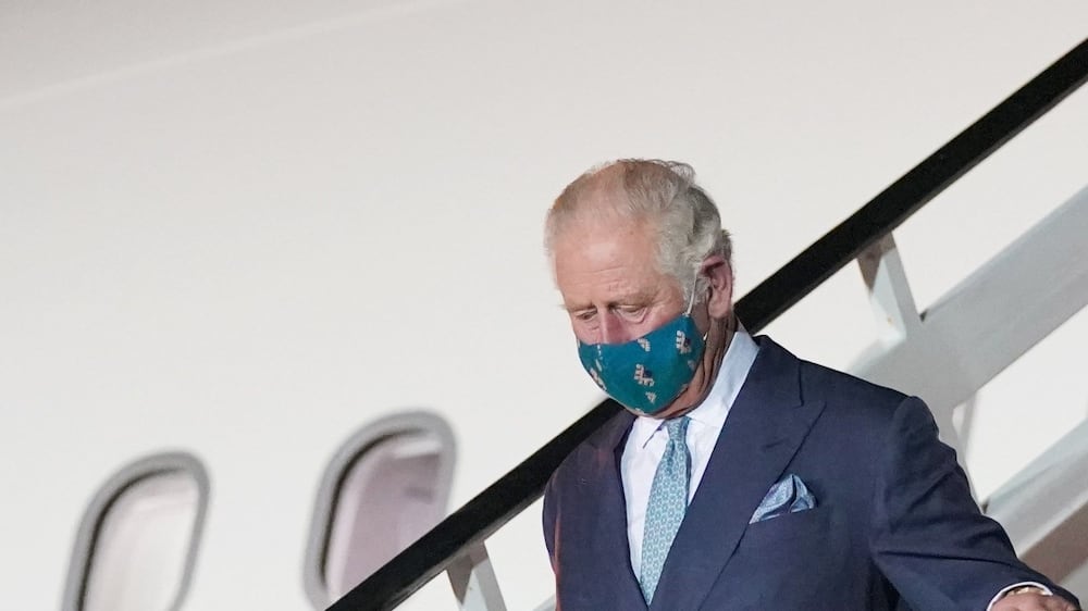 The Prince of Wales disembarks from an RAF Voyager as he arrives at Grantley Adams International Airport, Bridgetown, Barbados. Picture date: Sunday November 28, 2021.