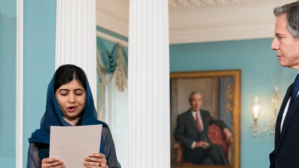 Secretary of State Antony Blinken, listens to Pakistani activist for female education and Nobel Peace Prize laureate Malala Yousafzai, speaks in the Treaty Room at the State Department, Monday, Dec.  6, 2021, in Washington.  (AP Photo / Manuel Balce Ceneta, Pool)