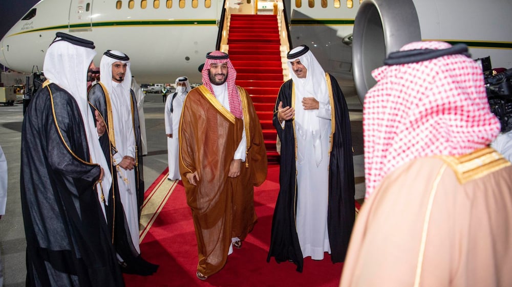 Mohamed bin Salman of Saudi Arabia meets with Tamim bin Hamad Al Thani upon his arrival in Qatar. Photo: SPA