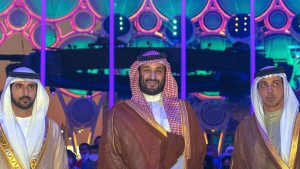 Sheikh Hamdan is seen with Mohamed Bin Salman and Sheikh Mansour at EXPO 2020 Dubai. Photo: Dubai Media Office