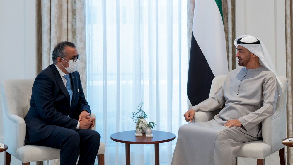 ABU DHABI, UNITED ARAB EMIRATES - December 11, 2021: HH Sheikh Mohamed bin Zayed Al Nahyan, Crown Prince of Abu Dhabi and Deputy Supreme Commander of the UAE Armed Forces (R), meets with Dr Tedros Adhanom Ghebreyesus, Director General of the World Health Organization (WHO) (L), at Al Shati Palace. 

( Mohamed Al Hammadi / Ministry of Presidential Affairs )
---