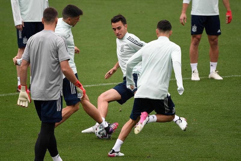 Spain defender Jose Gaya fights for a ball with teammates during their training session at Las Rozas. AFP