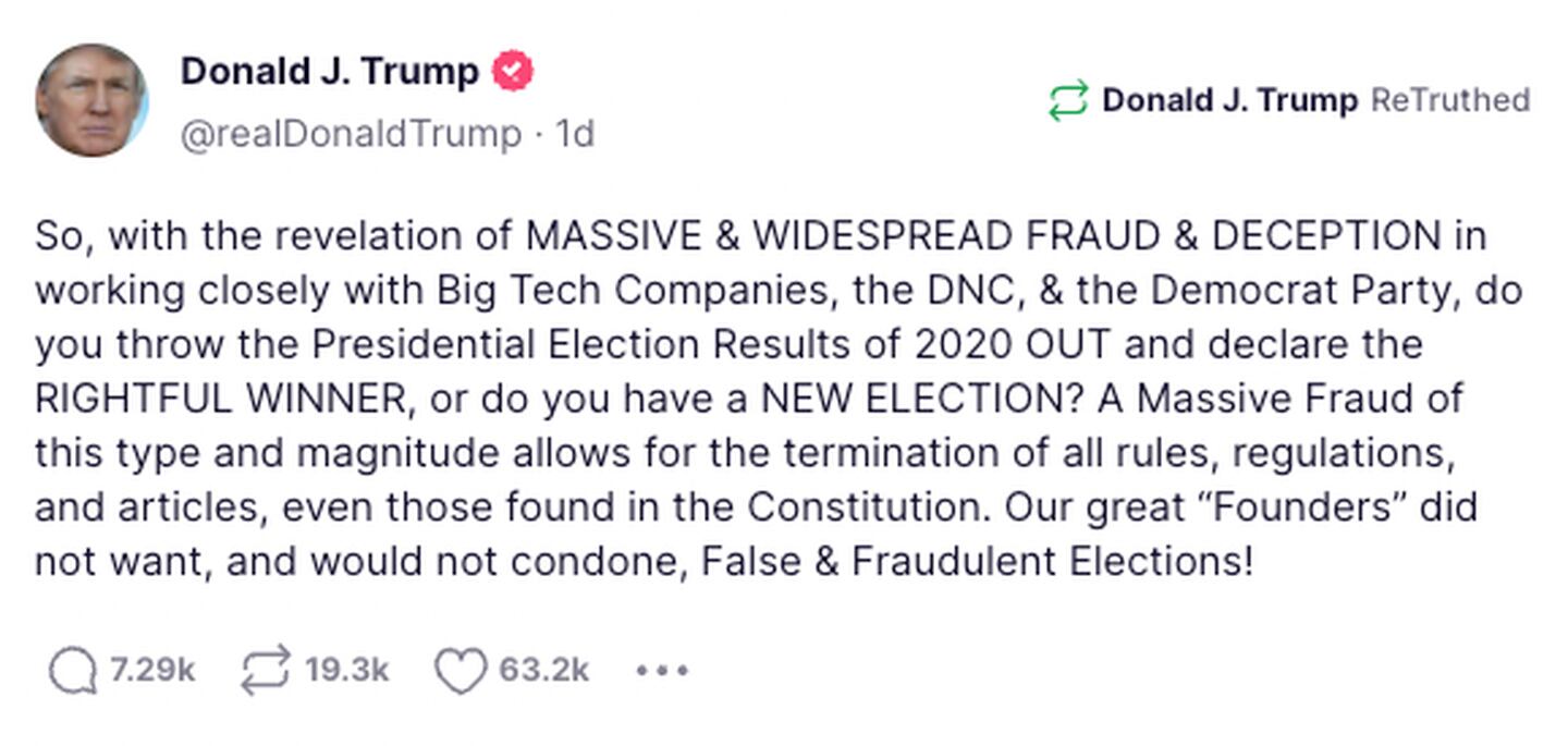 A screengrab from his Truth Social media platform shows a message from former president Donald Trump in which he suggests parts of the US Constitution should be 'terminated'.