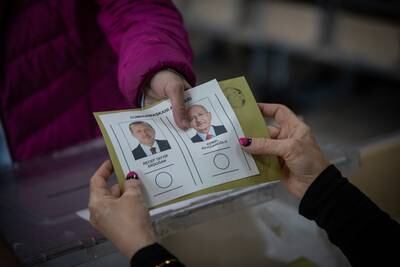 A ballot slip featuring Mr Erdogan and Mr Kilicdaroglu is seen at a polling station in Ankara. Getty Images