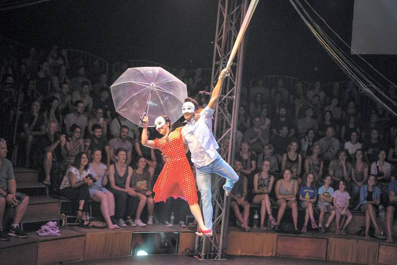 Choup Kanha with male performer at Phare circus in Cambodia. Diallo Jamal